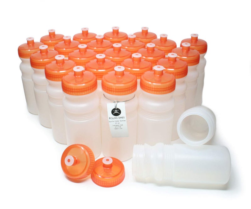 Rolling Sands Reusable Bulk Water Bottles 24 Pack - 20 Oz Sports Water Bottles, USA Made, BPA-Free, Wide Mouth for Easy Cleaning, Dishwasher Safe, Break Resistant - Clear Frost Bottle/Orange Lid - Image 1